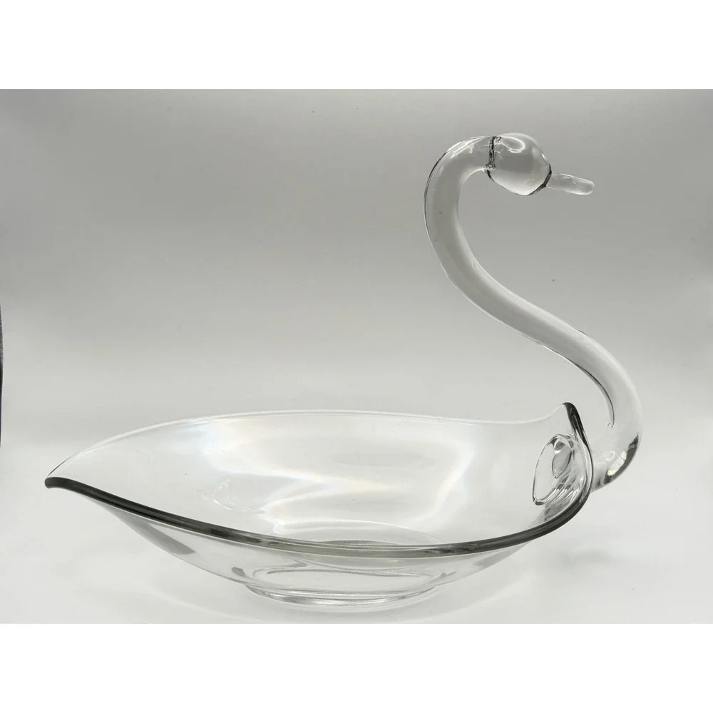 Large Vintage Clear Hand Blown Glass Swan Bowl Dish Figurine Mid Century